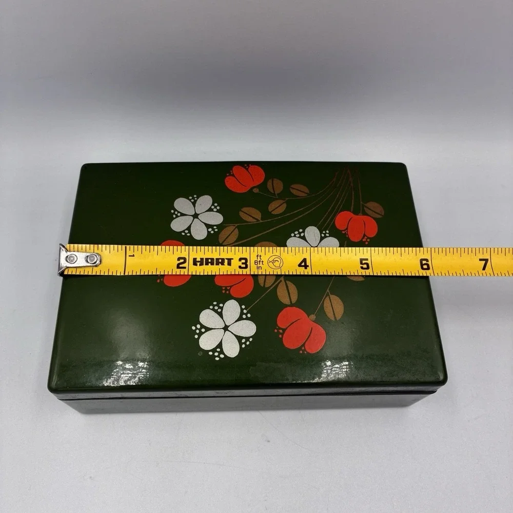Vintage Hand Painted Red Velvet Lined Jewelry Box Keepsake Box Floral